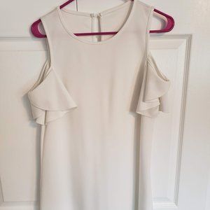 White Cold Shoulder Ruffle Sleeve Shift Dress